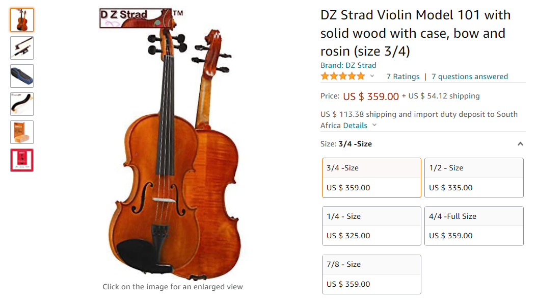 1/10-Size and Rosin D Z Strad Violin Model 100 with Solid Wood Size 1/10 with Case Bow 