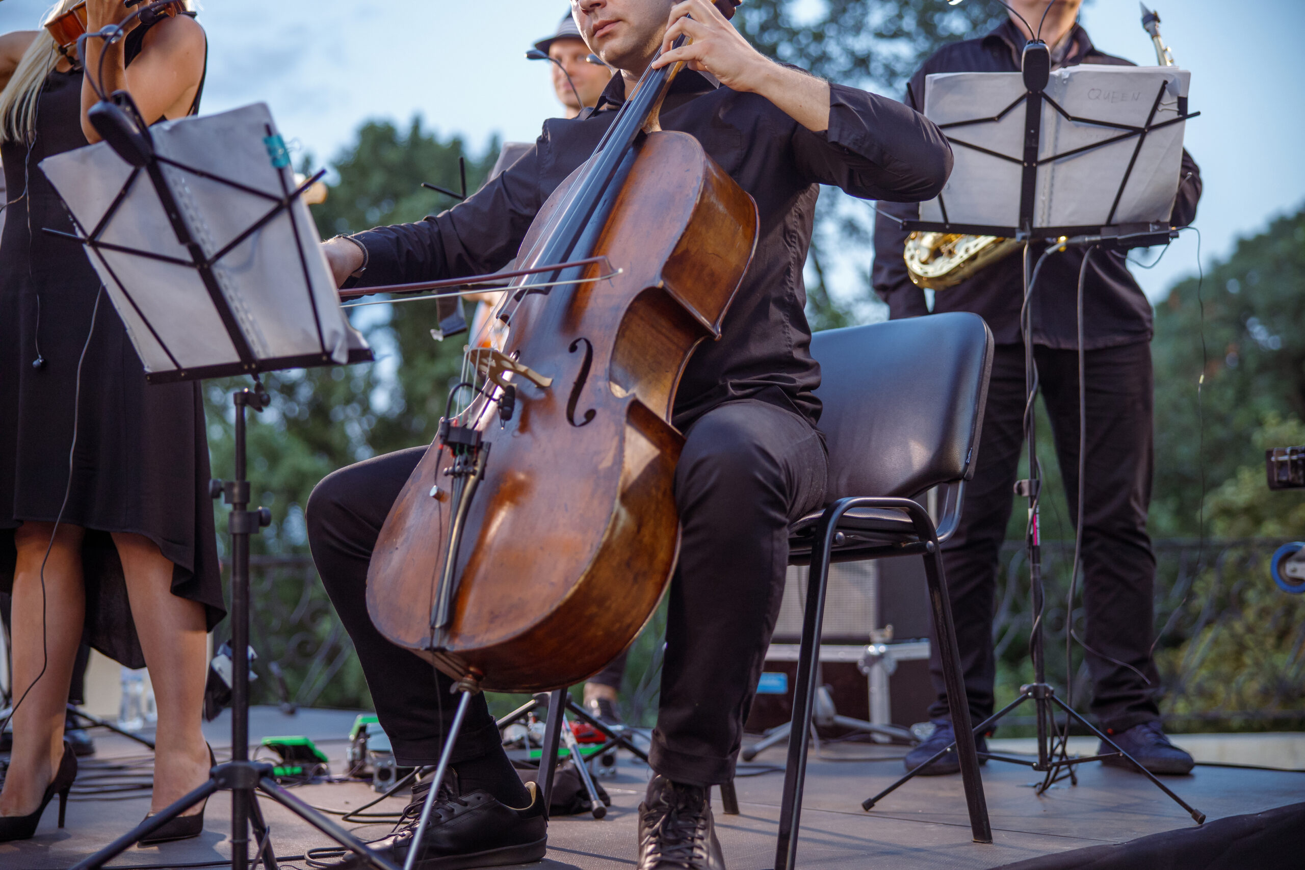 Male musician plays violoncello